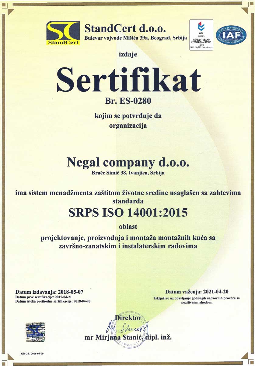 montazne kuce negal sertifikat 14001