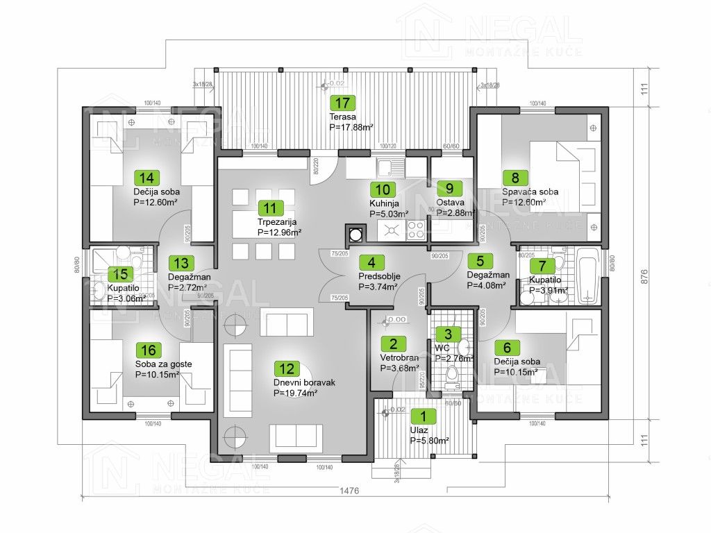 Montažna kuća Klasik Negal Ivanjica | Tip Montažne kuće 135 - tehnički plan