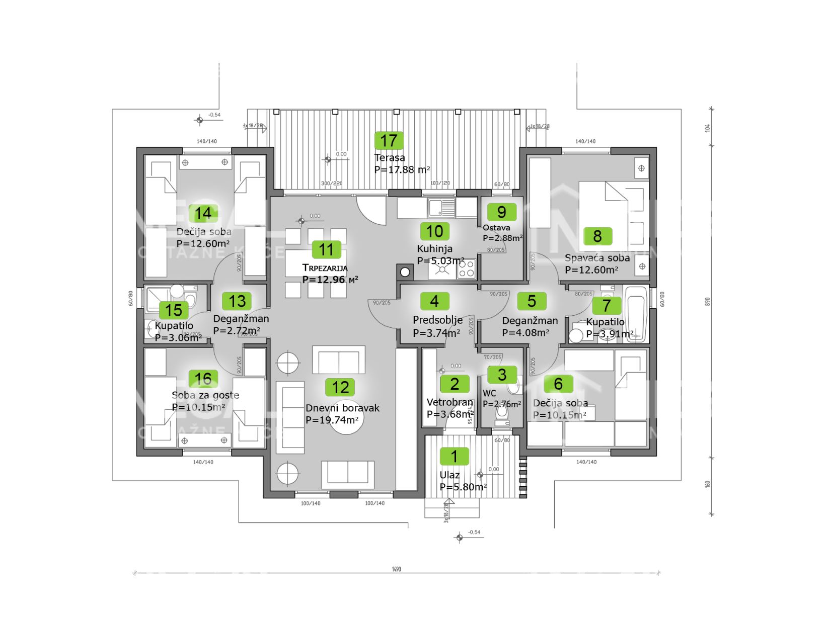 Montažna kuća Klasik Negal Ivanjica | Tip Montažne kuće 154 - tehnički plan