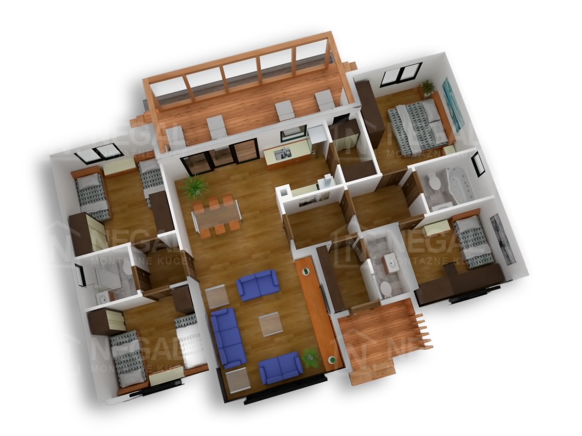 Montažna kuća Klasik Negal Ivanjica | Tip Montažne kuće 154 - 3D plan