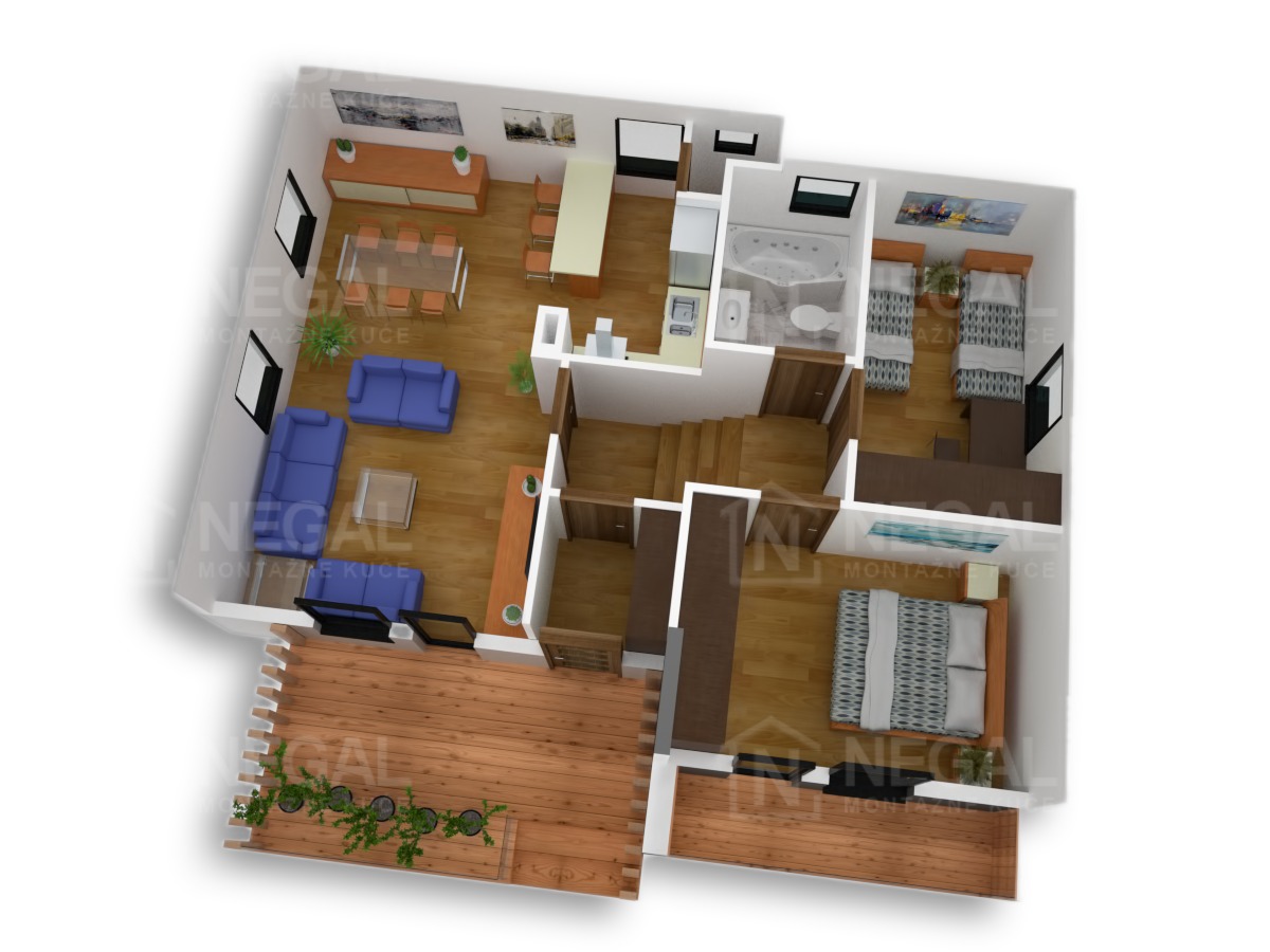 Montažna kuća Klasik Negal Ivanjica | Tip Montažne kuće 97 - 3D plan